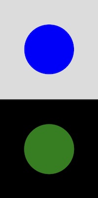 Two rectangles on top of each other, one gray, one black, each with a circle inside, one blue, one green.