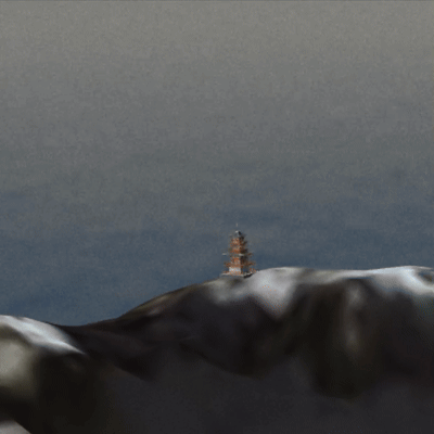 3d generated video of a flyby of a shrine atop Mt. Fuji