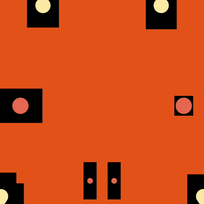 Black tiles with beige and red circles are shown jumping around an orange background