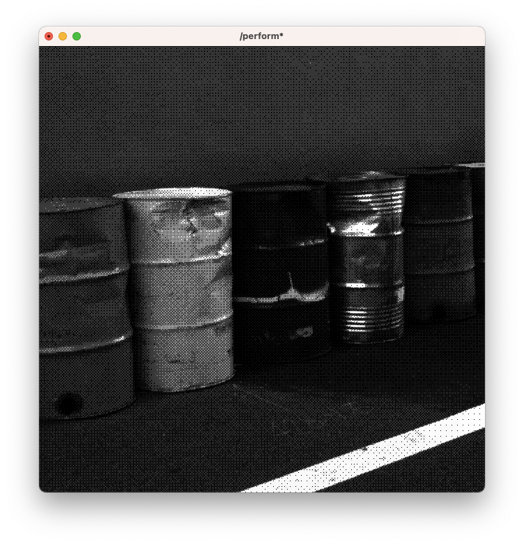 A picture of oil drums, dithered. Dithering is a technique which was used to convert higher bit depth images to lower bit depth images, i.e. 8 bit (256) color to 1 bit (black and white). It was used for early computer systems to save space.