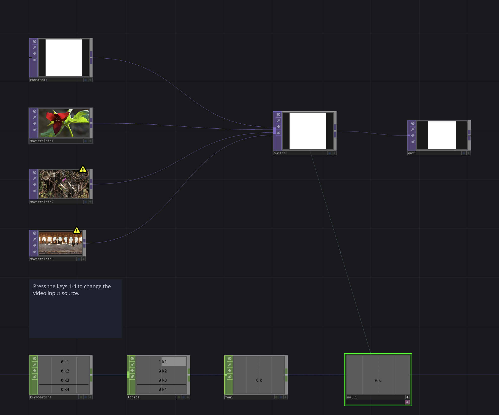 A TouchDesigner file showing a network of video files. One is selected to play using the Switch TOP.