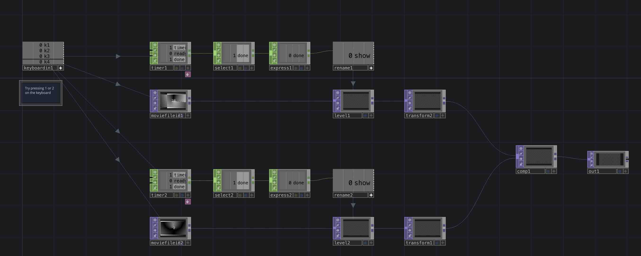A TouchDesigner file showing a network of video files, who play for a certain amount of time based on keyboard input